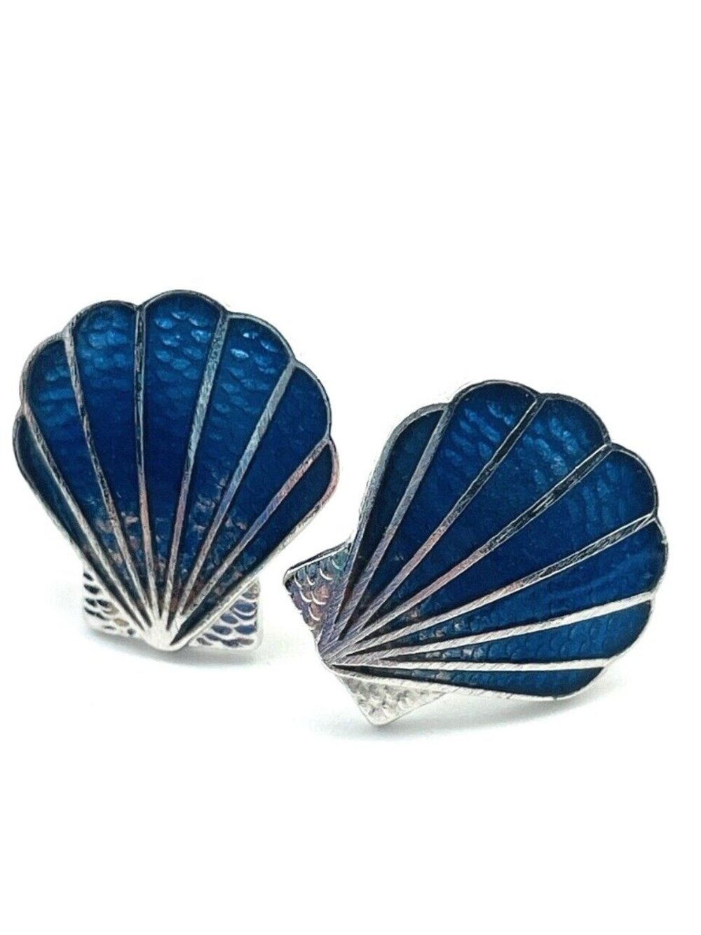 Blue Enamel Scallop Shell Earrings Gold Tone Nautical Pierced Statement